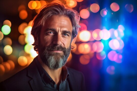 Mature, serious and respectable man poses, with out-of-focus lights in the background.