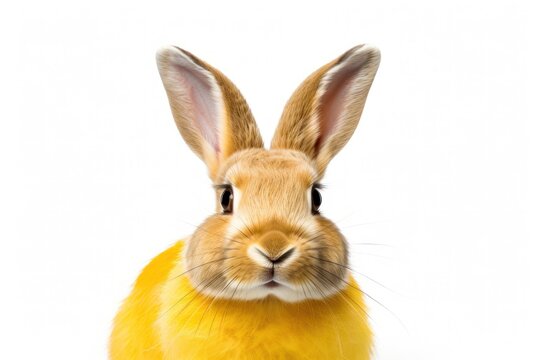  a close up of a rabbit's face with a yellow coat around it's ears and a black spot in the middle of it's eyes, on a white background.