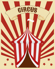 Circus poster. Vintage circus poster, circus on striped rainbow background with stars. Colorful illustration, banner, flyer, vector