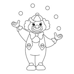 Cute funny cartoon clown juggler with balls. Sketch for children's coloring, line drawing, vector