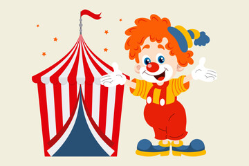 Cheerful clown invites to the circus. Cute clown and circus big top. Colorful cartoon illustration, vector