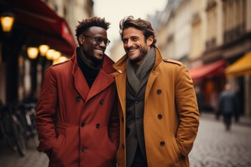 smiling male couple in a European pedestrian zone with a red and a brown coat