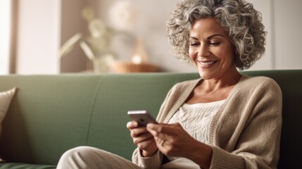 Senior happiness is captured as a woman smiles while scrolling her smartphone on the cozy sofa.
