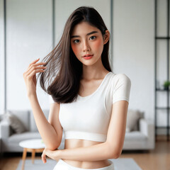 Obraz premium photo of beautiful asian woman with white sport outfit checking and arranging her hair in clean minimal room, generative AI