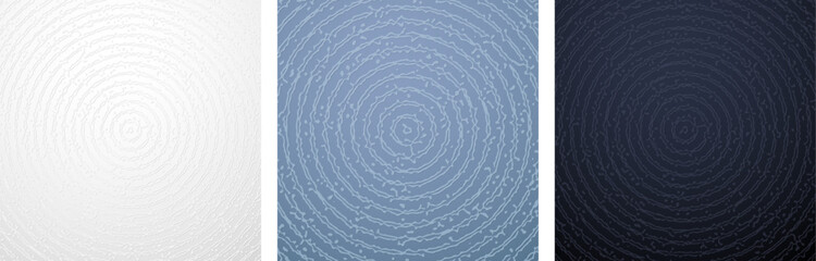 Set of blue and grey abstract backgrounds with embossed rough concentric circles. Minimal geometric cardboard design.