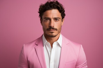 an attractive southern European with a beard, white shirt, pink suit and brown hair against a pink background
