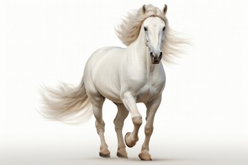 White horse with waving mane trots forwards, white background