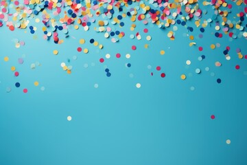  a group of multicolored confetti on a blue background with confetti falling from the top of the confetti to the bottom of the confetti.