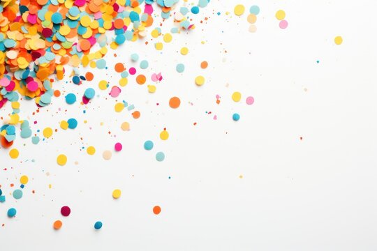  multicolored confetti sprinkles are scattered on a white background with copy space for a text or an image or a product to be used as a background.