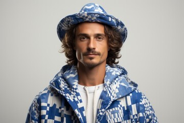 an attractive South American man with a moustache, loose hair, a white and blue hat and a white and blue jacket against a light-coloured background