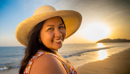 Curvy asian woman with straw hat smiling at a beach - obrazy, fototapety, plakaty