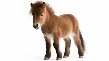cute brown baby shetland pony standing in front of a white background
