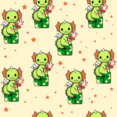 Merry Christmas and Happy New Year seamless pattern with Little dragons. Vector illustration. Chinese symbol new year