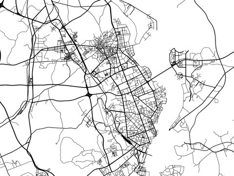 Vector road map of the city of Zhanjiang in the People's Republic of China (PRC) with black roads on a white background.