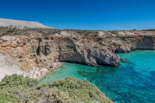 Panoramic view of Tsigrado bay in Milos, Cyclades islands archipelago GR