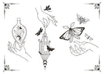 Mystical celestial moth, dragonfly and butterfly clip art bundle, magic black and white insects, witch hands silhouettes in vector, unreal hand drawn isolated elements set