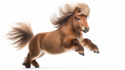 a very small light brown Shetland pony with a wild mane and tail jumping in front of a white background - obrazy, fototapety, plakaty