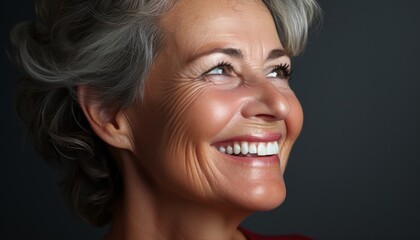 a very pretty older woman with a radiant smile and bright eyes looking to the side against a dark background