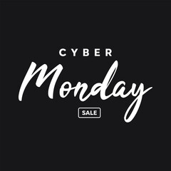 Vector stock illustration with white Cyber ​​Monday sale text on black background. Templates for banners, posters, cards, prints, stickers, invitations and more.