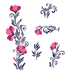 Set flower or ornamental plant. Botanical print of leaves, flowers and curls. A simple natural pattern. Vector illustration on a white background.