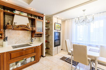 interior apartment kitchen and dining room, refectory area, cooking equipment, table furniture, stove