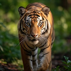 A tiger walks head-on towards the camera in a jungle