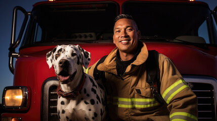 Native American Indian fireman and his dog in front of a red fire truck