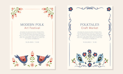 Folk vector set of invitations, flyers or advertising templates in Nordic style, hygge ready to use designs or prints. Symmetrical ethnic elements. The scandi folk motifs - snake, flowers, leaves - obrazy, fototapety, plakaty