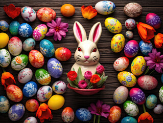 Fototapeta na wymiar Easter card showcasing a colorful assortment of decorated eggs, a cute bunny figurine, and spring flowers on a dark wooden surface. A festive and joyful scene. View from above.