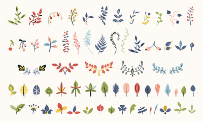 Folk flowers clip arts vector set in Scandinavian and Nordic style, hygge florals isolated designs on white. Collection of classic ethnic elements. Funny scandi folkloric botanical motifs