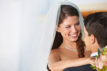 Smile, bride and groom hugging at wedding with mockup, love and commitment at reception. Romance,...