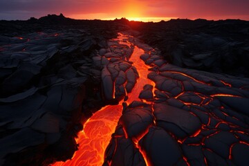  the sun is setting over a lava stream in the middle of a rocky area with lava flowing down the center of the stream, and lava flowing down the center of the stream.