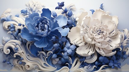 Intricately Designed Blue and White Flowers on Light Blue Background