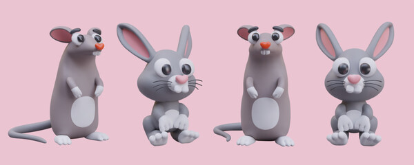 Set of funny rodents in different positions. Gray rat and rabbit. Mouse and hare. Pets. Illustrations for zoo, pet store, veterinary clinic. Toothy vector creatures. Vector 3D animals