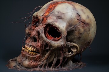  a close up of a human skull with blood on it's face and a hole in the middle of the skull that has blood on it's side.