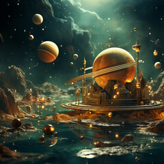 Naklejka premium Distant worlds converge in a quiet lagoon