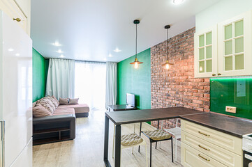 interior apartment kitchen and dining room, refectory area, cooking equipment, table furniture, stove