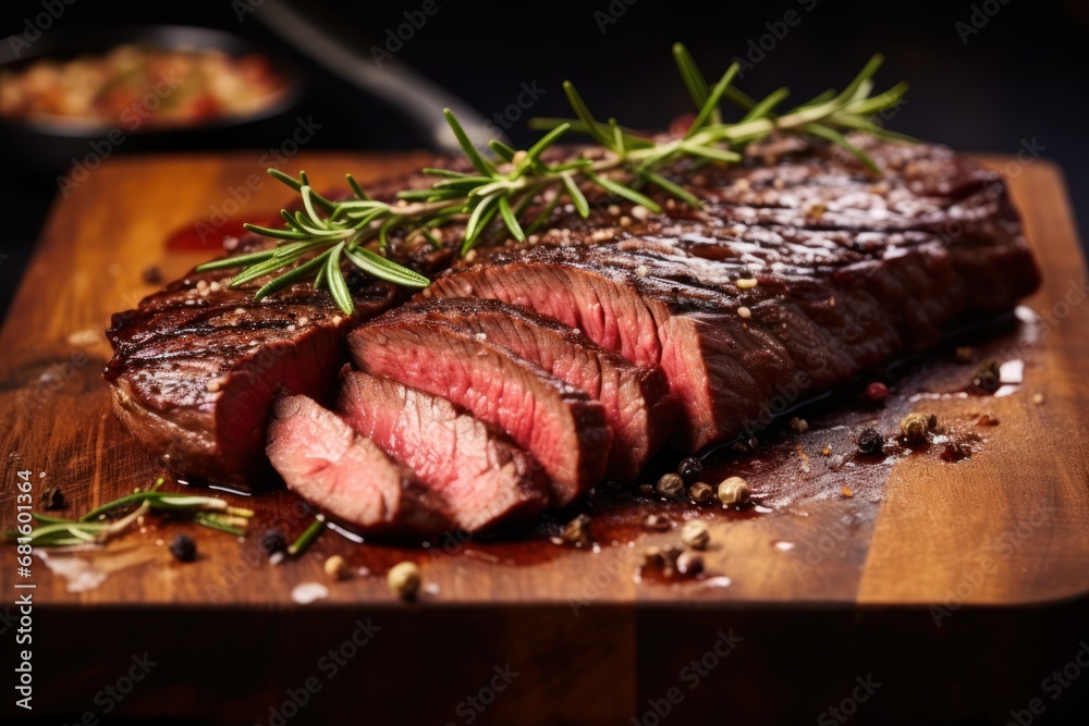 Wall mural a piece of steak on a cutting board with a sprig of rosemary sprig on top of it and a bowl of season