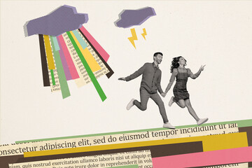 Creative retro 3d magazine collage image of funky couple running away letters storm isolated white color background