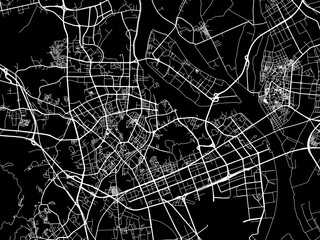 Vector road map of the city of Jiangmen in People's Republic of China (PRC) with white roads on a black background.