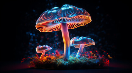 A cluster of neon-glowing mushrooms in a mystical setting.