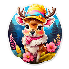 Sticker isolated cute cartoon deer wearing a pink hat and scarf on nature background. Transparent background. Generative AI