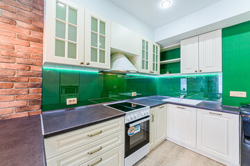 interior apartment kitchen and dining room, refectory area, cooking equipment, table furniture, stove