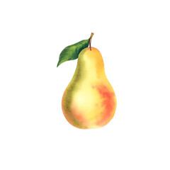 The pear is juicy. Watercolor illustration. Ripe fruit. Proper nutrition. Children's food. Icon, logo, stickers, printing.