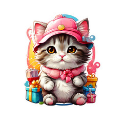 Sticker isolated cute cartoon kitty wearing a pink cap with gift boxes. Transparent background. Generative AI