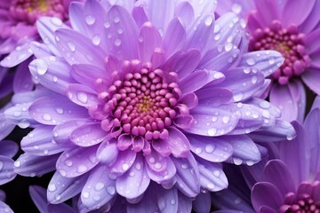 a close up of a bunch of purple flowers with drops of water on the petals and the petals in the middle of the petals are purple and the middle of the petals.