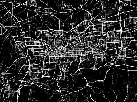 Vector road map of the city of Jinan in People's Republic of China (PRC) with white roads on a black background.