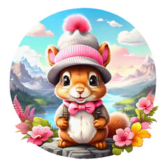 Sticker isolated cute cartoon squirrel wearing a gray hat, bow tie and jacket  on nature background. Transparent background. Generative AI