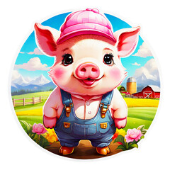 Sticker isolated cute cartoon pig wearing a pink hat, denim jumpsuit  on farm background. Transparent background. Generative AI