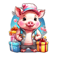 Sticker isolated cute cartoon pig wearing a pink hat and jacket with gift boxes. Transparent background. Generative AI